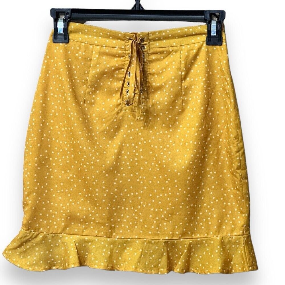 Revolve By The Way Esme Polka Dot Yellow Ruffle Mini Skirt XXS Lace Up Front